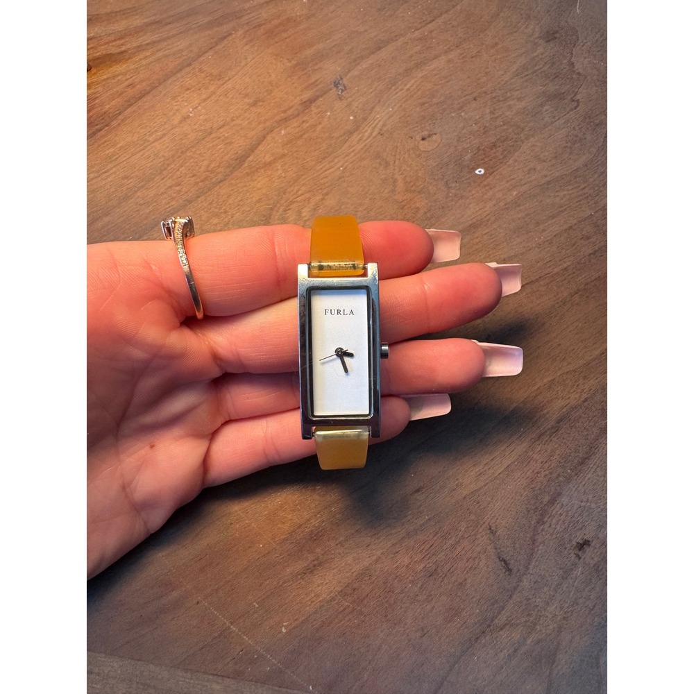 Furla City Collection Watch Yellow Resin Bangle Silver Tone Rectangle Dial